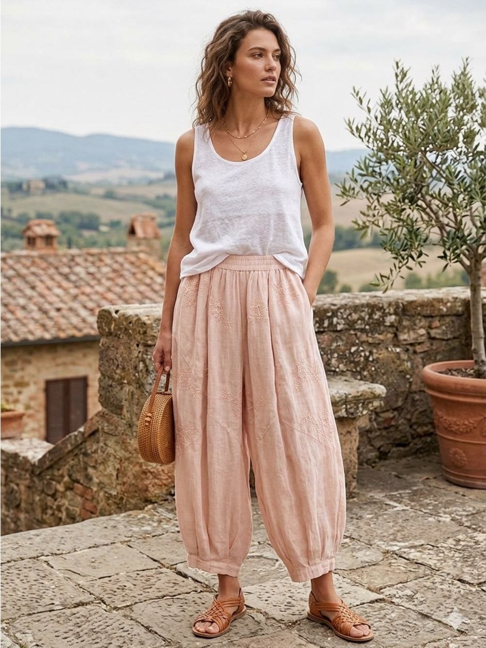 Light Blush Embroidered Bloomer Harem Pants adjustable waist